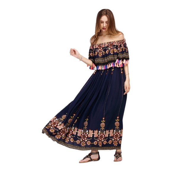 Off  Shoulder Tassel Boho Maxi Summer Ruffle Long Dress Size Medium - Picture 2 of 11